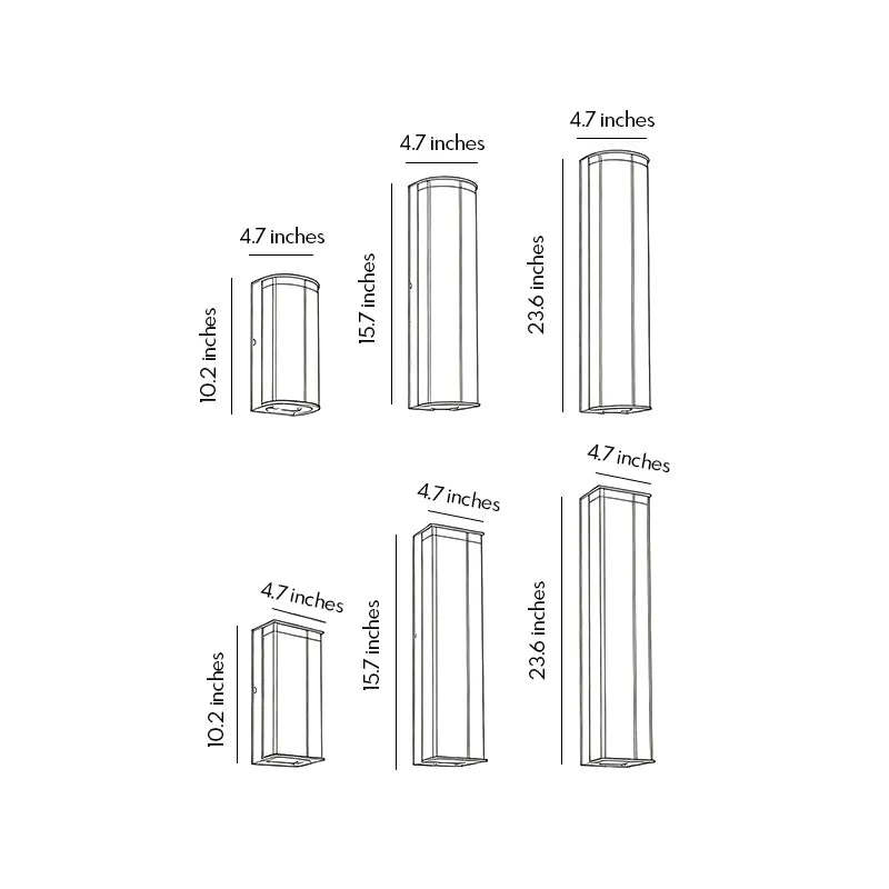 Outdoor wall sconce size guide showing multiple height and width options