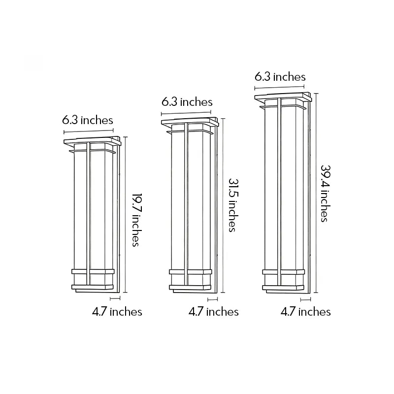 Outdoor wall sconce size guide showing three available height and width options