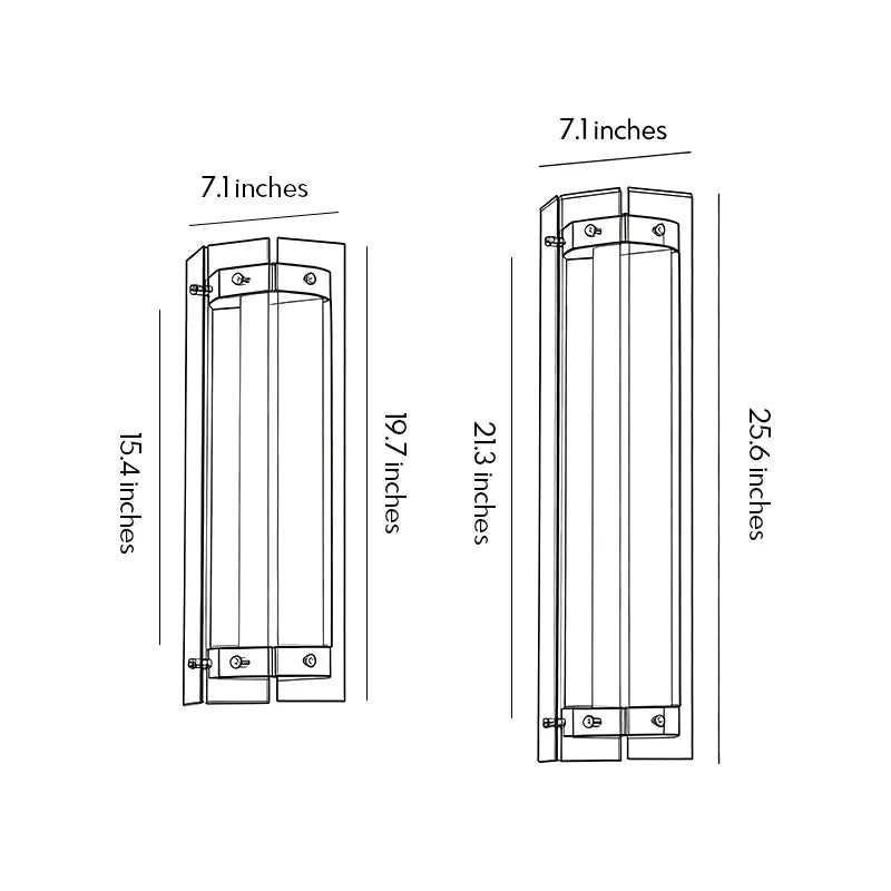 Outdoor wall sconce size guide showing two available heights and width dimensions