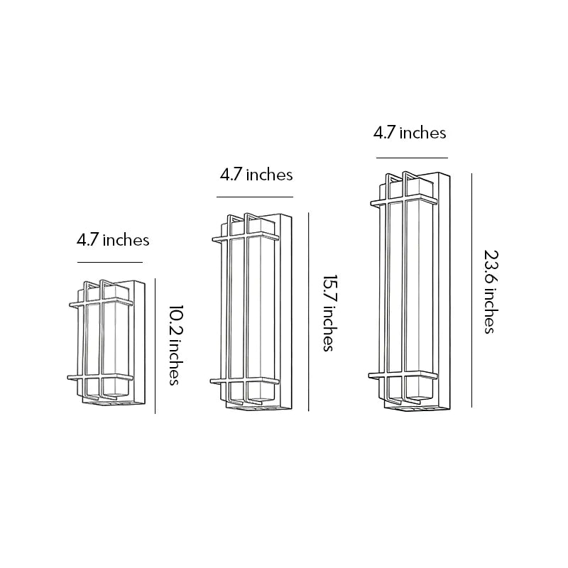 Outdoor wall sconce size guide showing three available height and width options