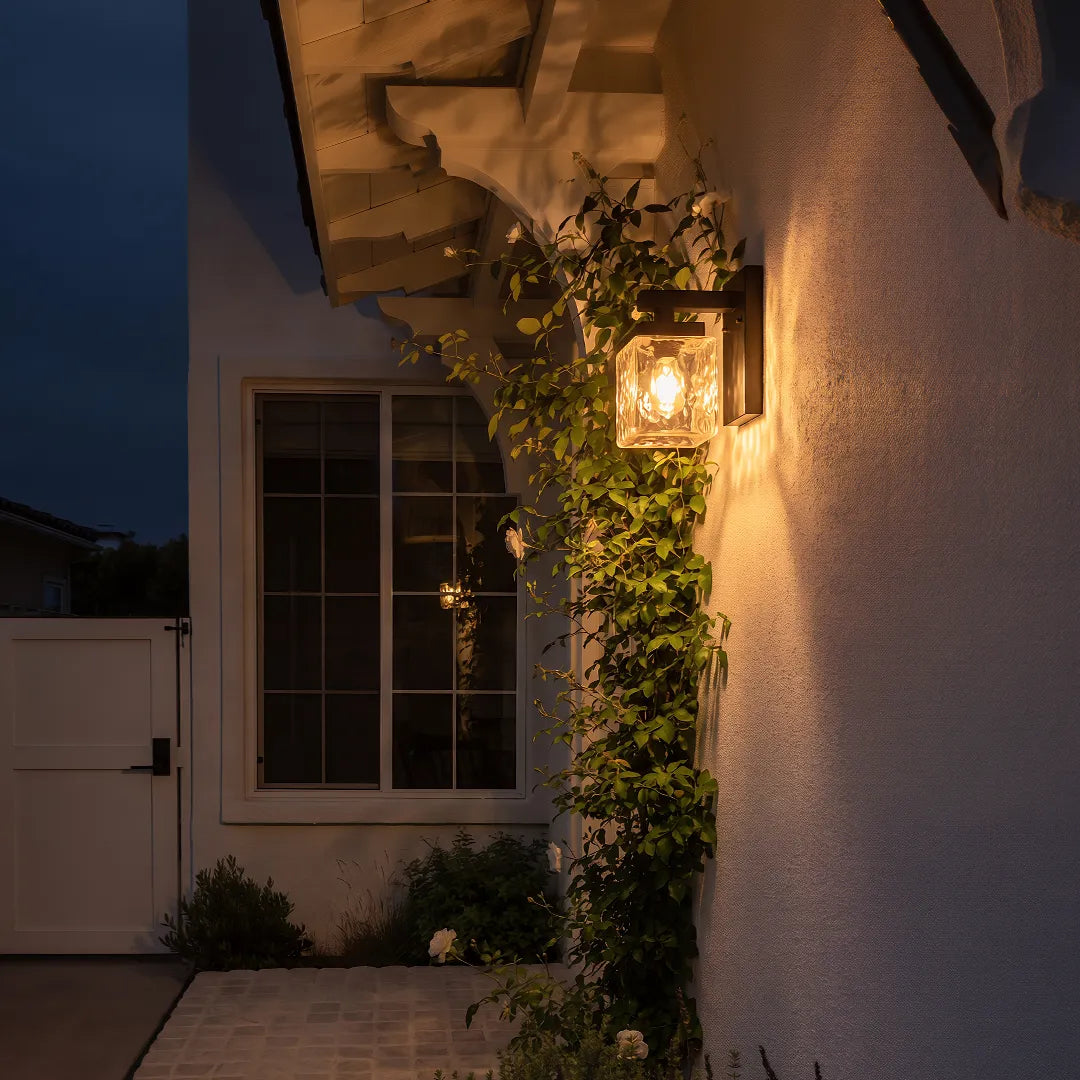 Outdoor wall sconce with warm glow beside home entrance and climbing plants