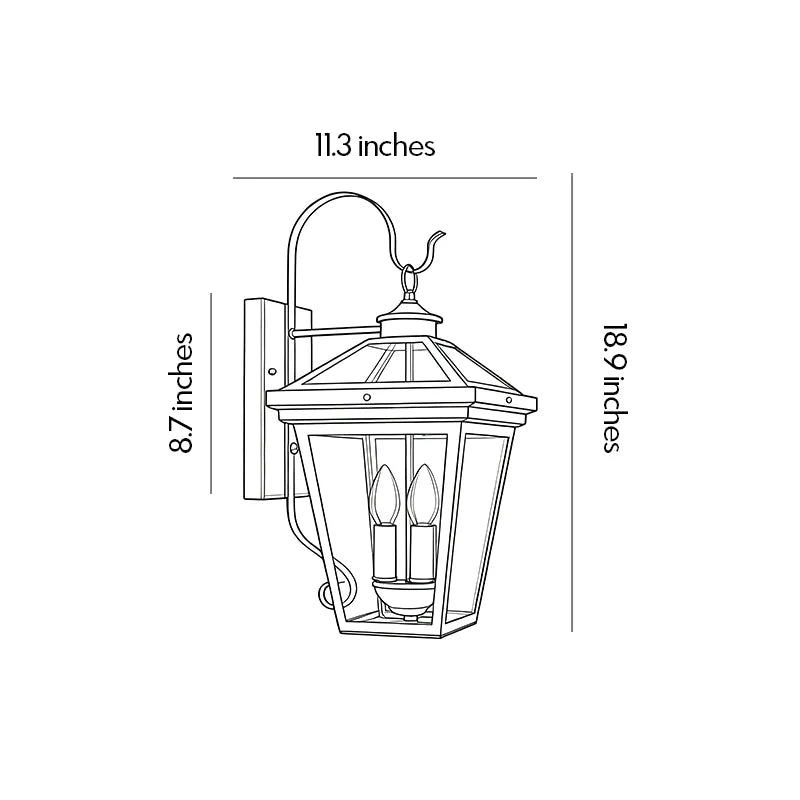 Outdoor wall sconce light dimension drawing showing fixture height, width, and wall projection measurements.