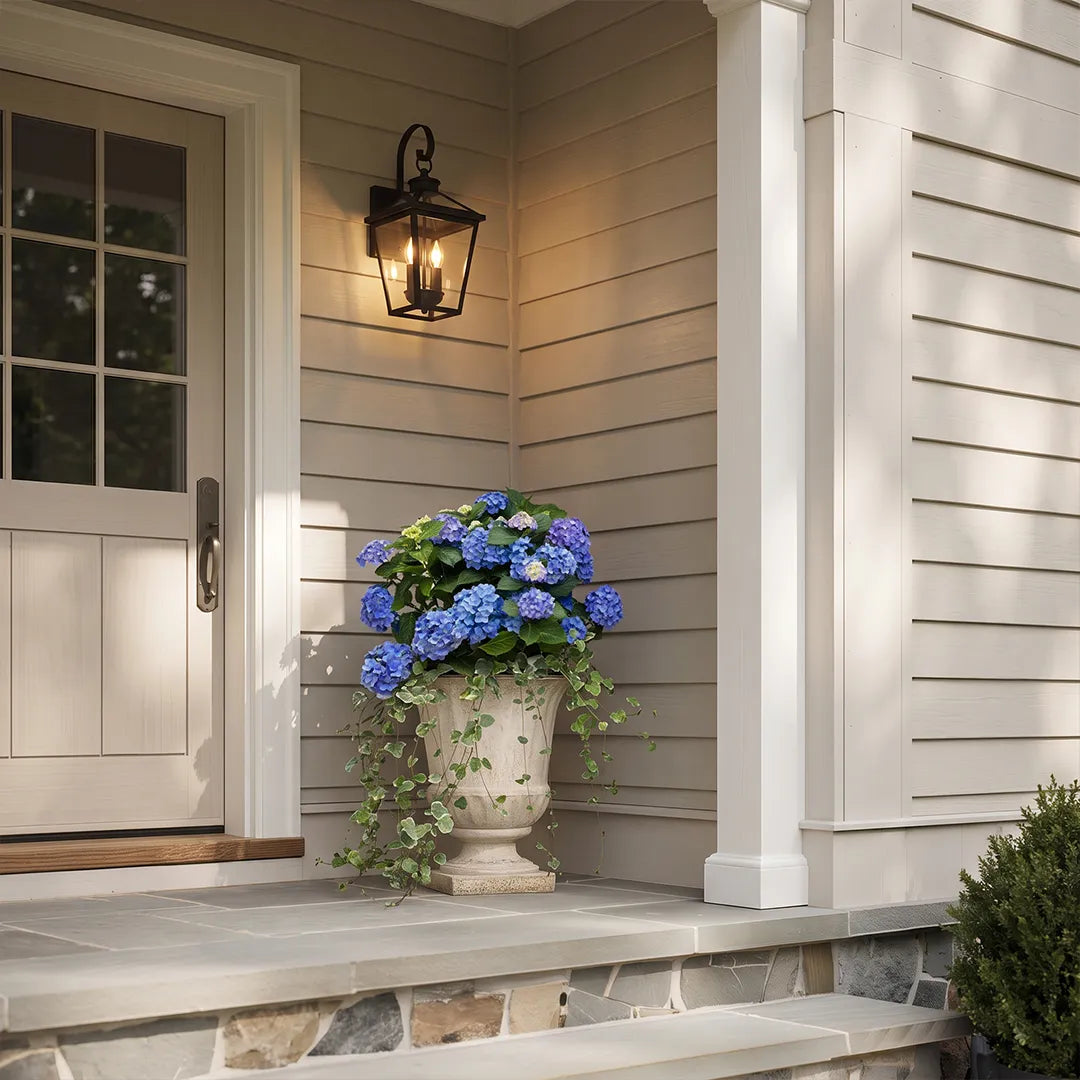 Outdoor wall sconce light installed beside a porch door above a flower planter, adding classic lantern-style illumination.