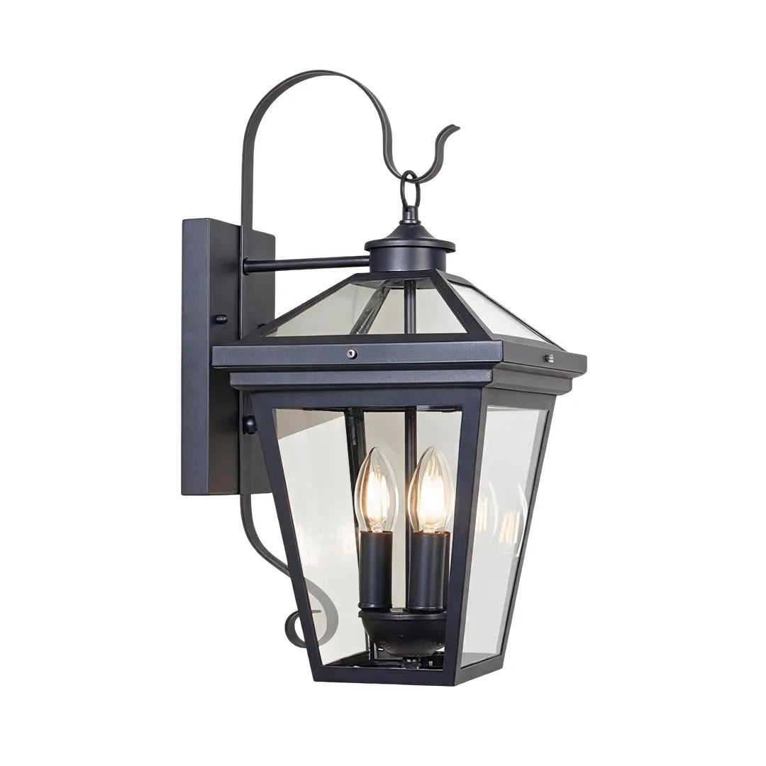 Outdoor wall sconce light product image showing a black lantern fixture with curved arm and three candle-style bulbs.