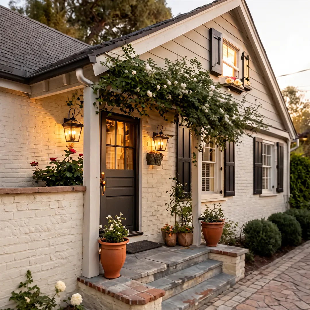 Outdoor wall sconce lights mounted beside a cottage-style front entry with white brick walls and black shutters.