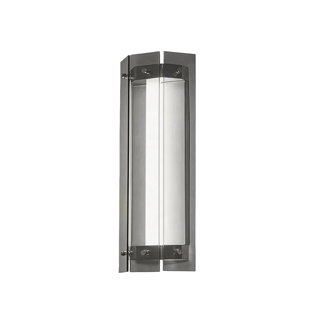 Outdoor wall sconce with silver metal housing and cool white LED lighting