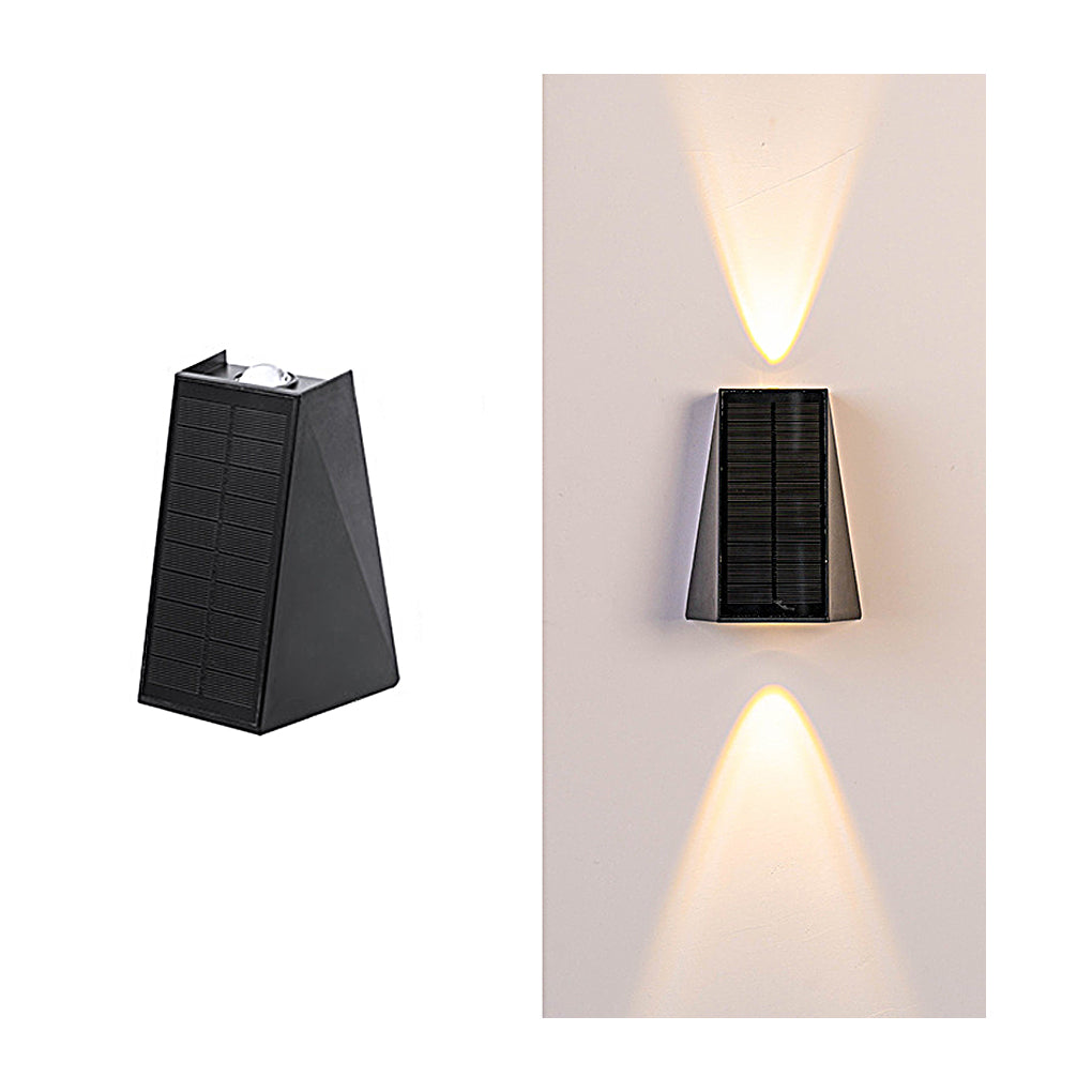 Black outdoor wall sconce up and down lighting in a minimalist design, displayed on white.