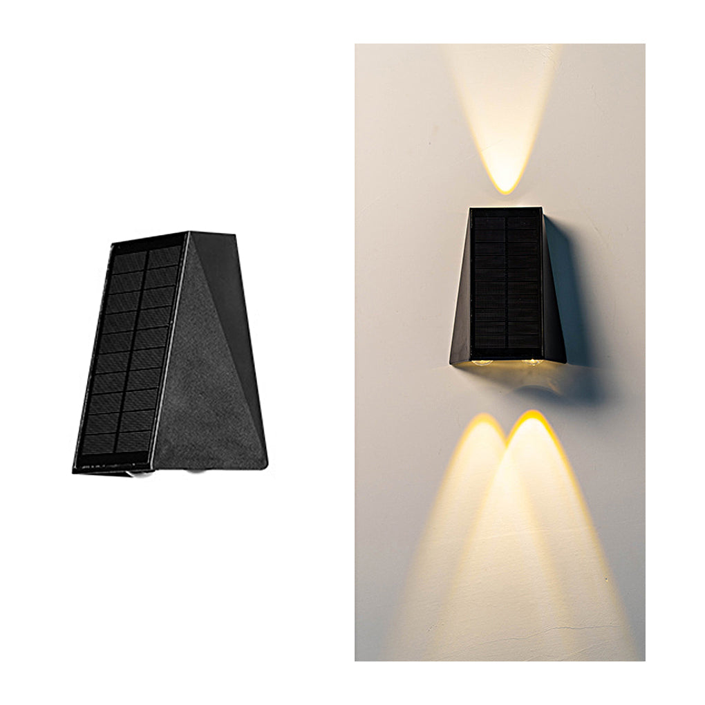 Outdoor wall sconce up and down lighting with a sleek black finish, angled view.