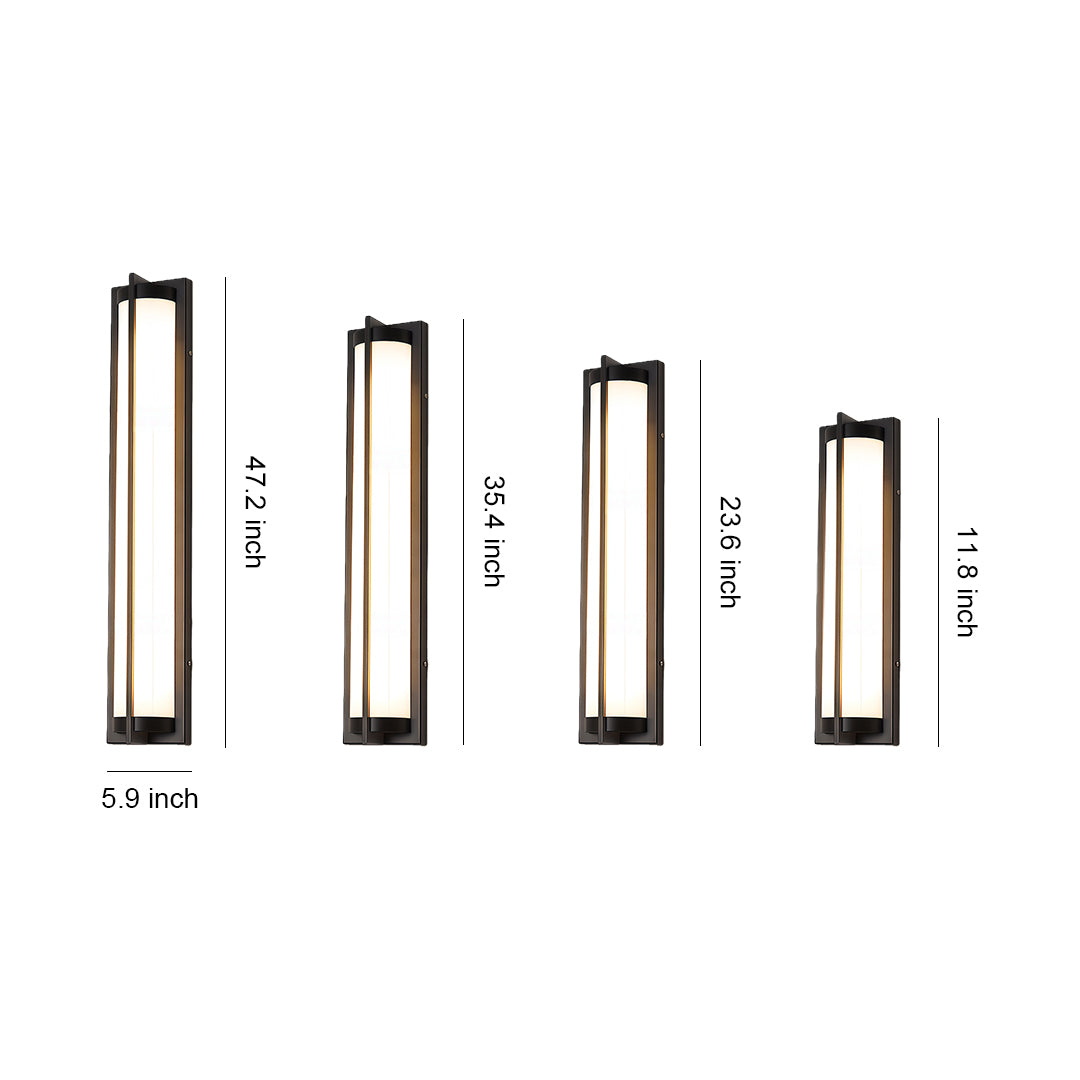 Outdoor wall sconces black with glass shade chandelier inspired design showing four sizes in vertical rectangular form with frosted diffusers.