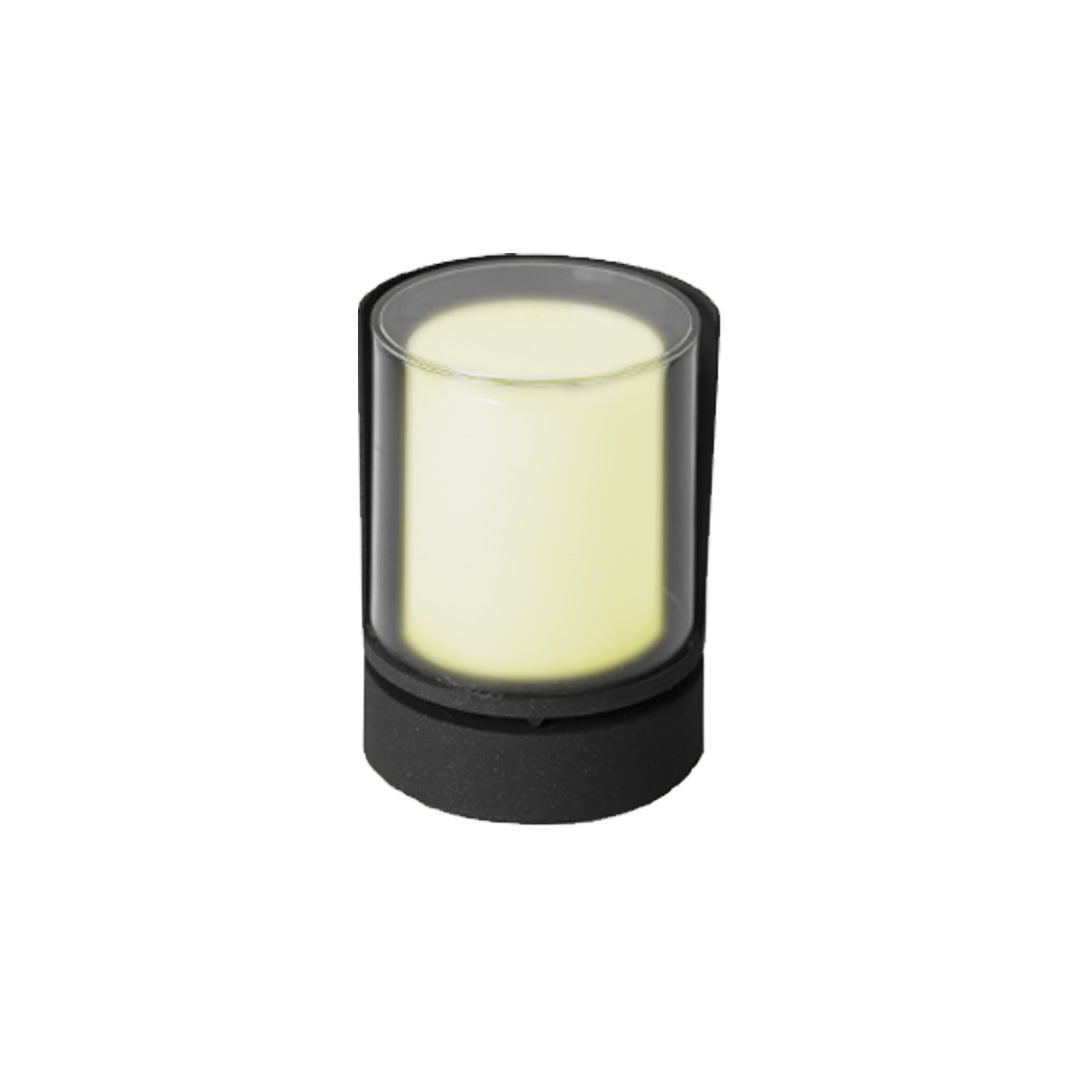 Modern cylindrical outdoor wall up lighting fixture with frosted diffuser and dark frame on clean background.