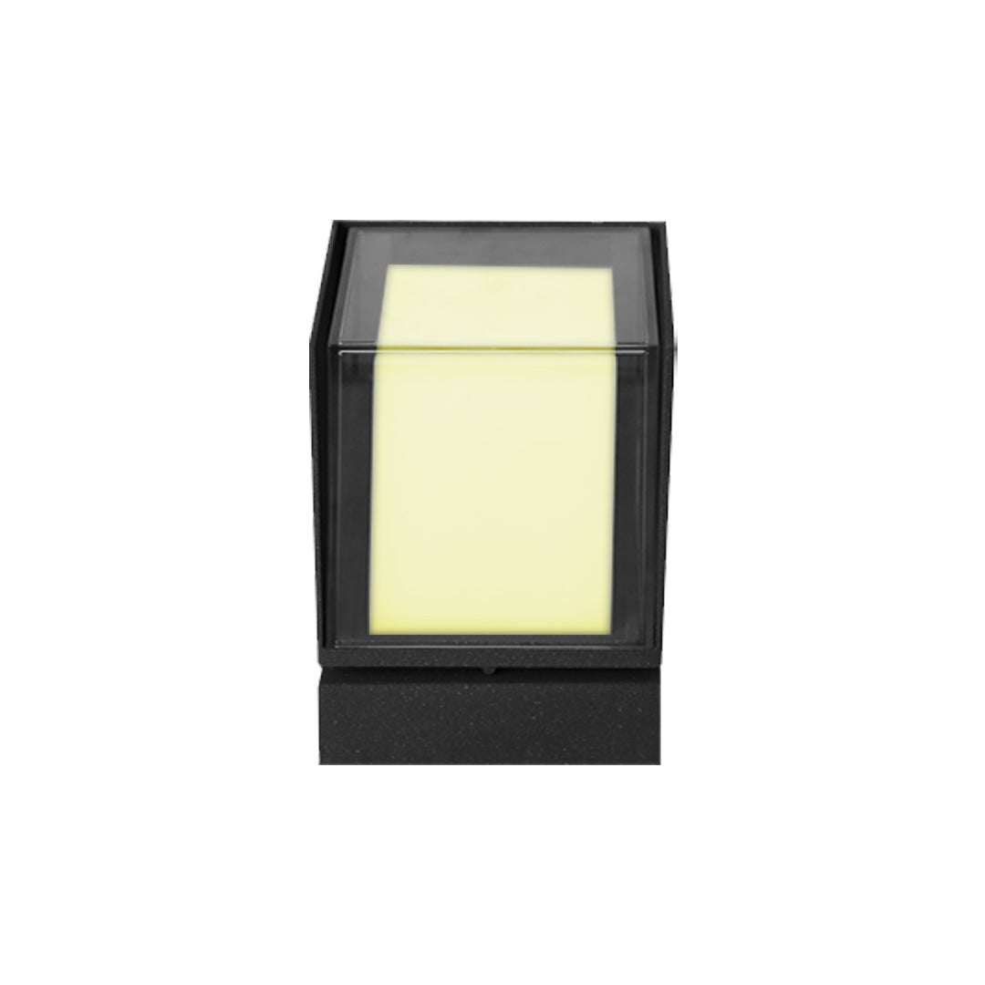 Square-shaped outdoor wall up lighting fixture featuring a minimalist dark housing and warm frosted lens.