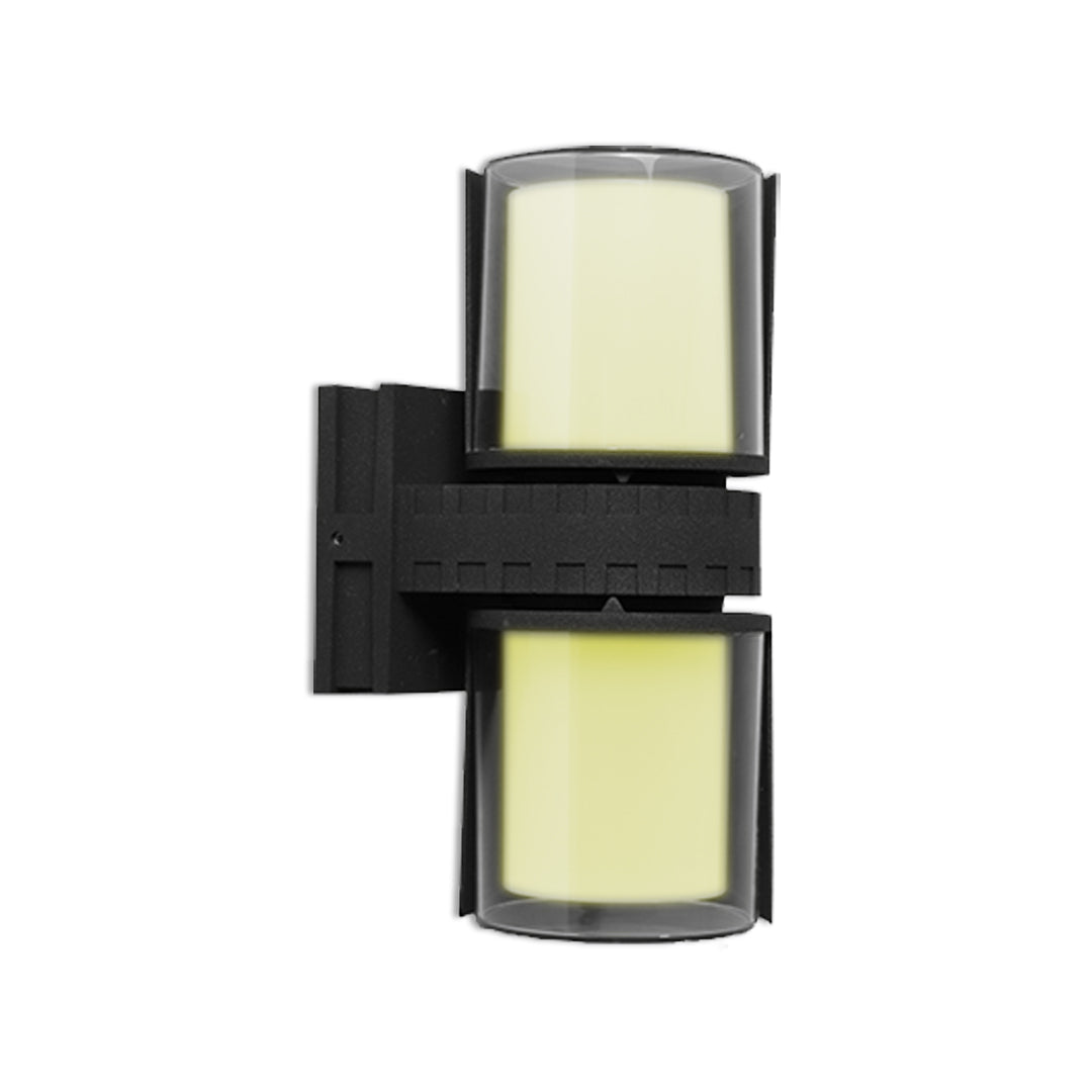 Dual-headed outdoor wall up lighting fixture with rounded rectangular lamps and dark metal frame.