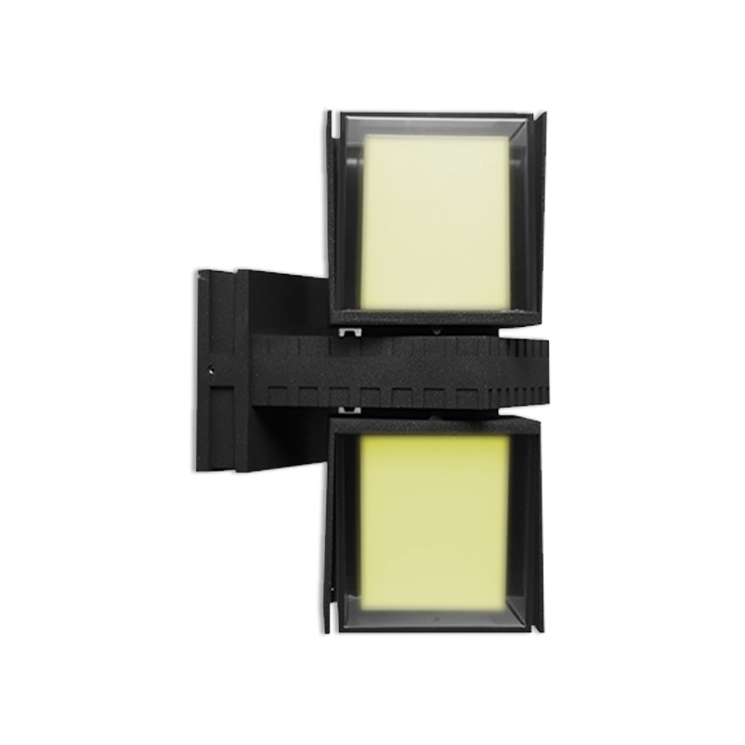 Contemporary double outdoor wall up lighting unit with geometric rectangular design and soft warm light.