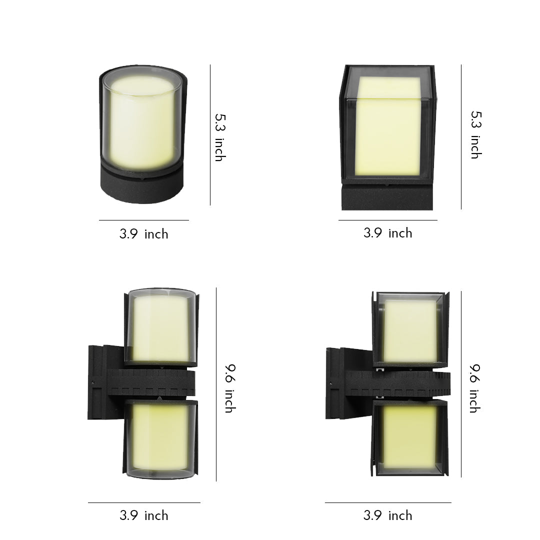 Multi-view layout showing several modern outdoor wall up lighting fixtures in different orientations on a white background.