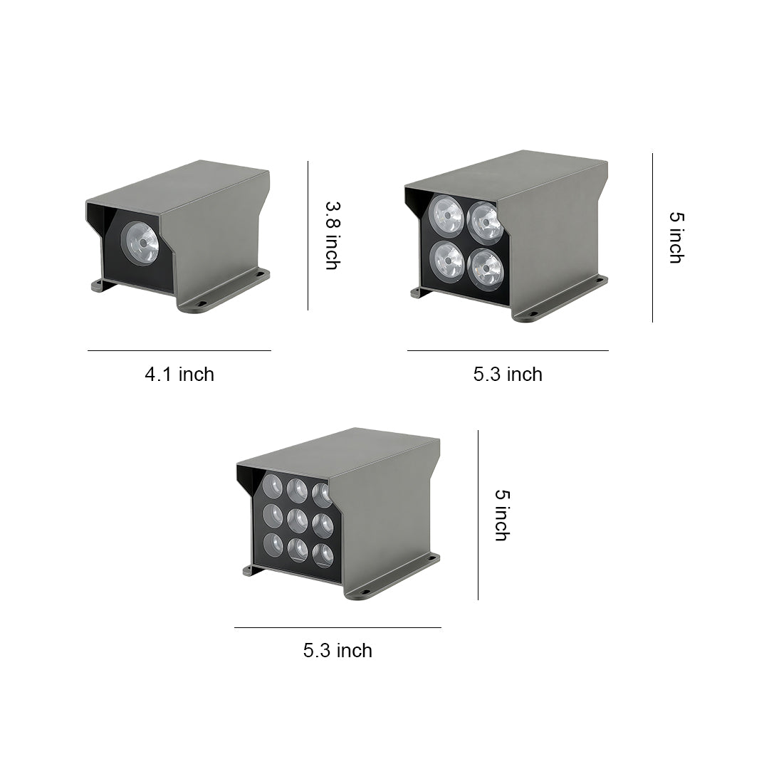 Size chart and product dimensions of outdoor wall wash lights in multiple beam options.