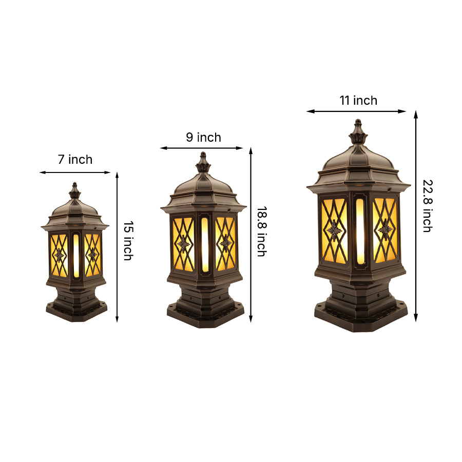 Outside pillar lights technical specifications showing size dimensions and installation details for outdoor lighting planning