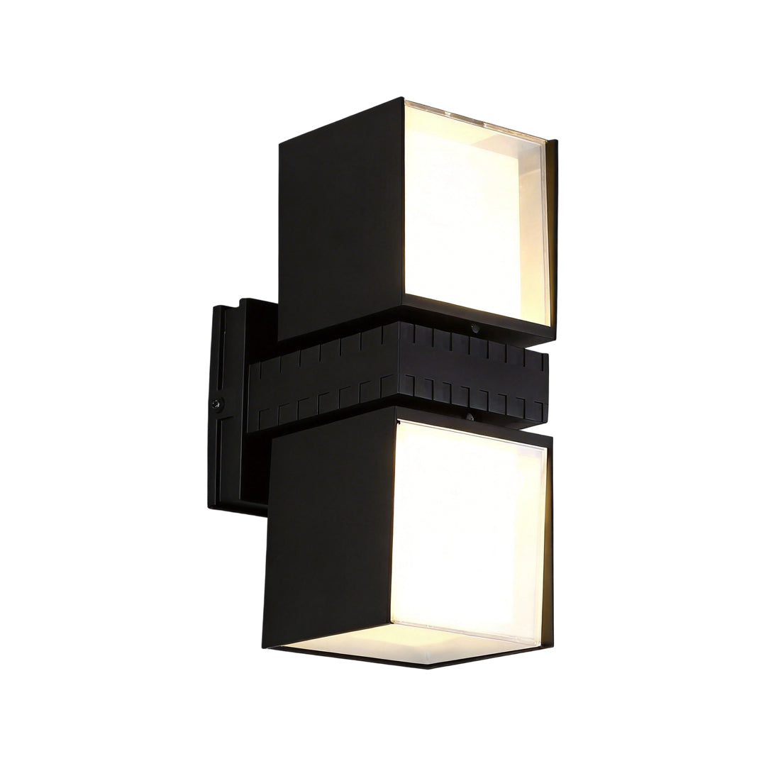 Outside up down wall lights with a geometric design, mounted on a modern wall.