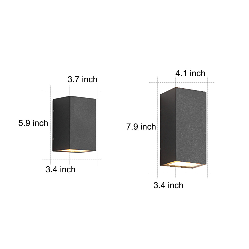 Modern black outside up down wall lights with dimensions 5.9x3.4x3.7 inch and 7.9x3.4x4.1 inch for outdoor wall mounting.
