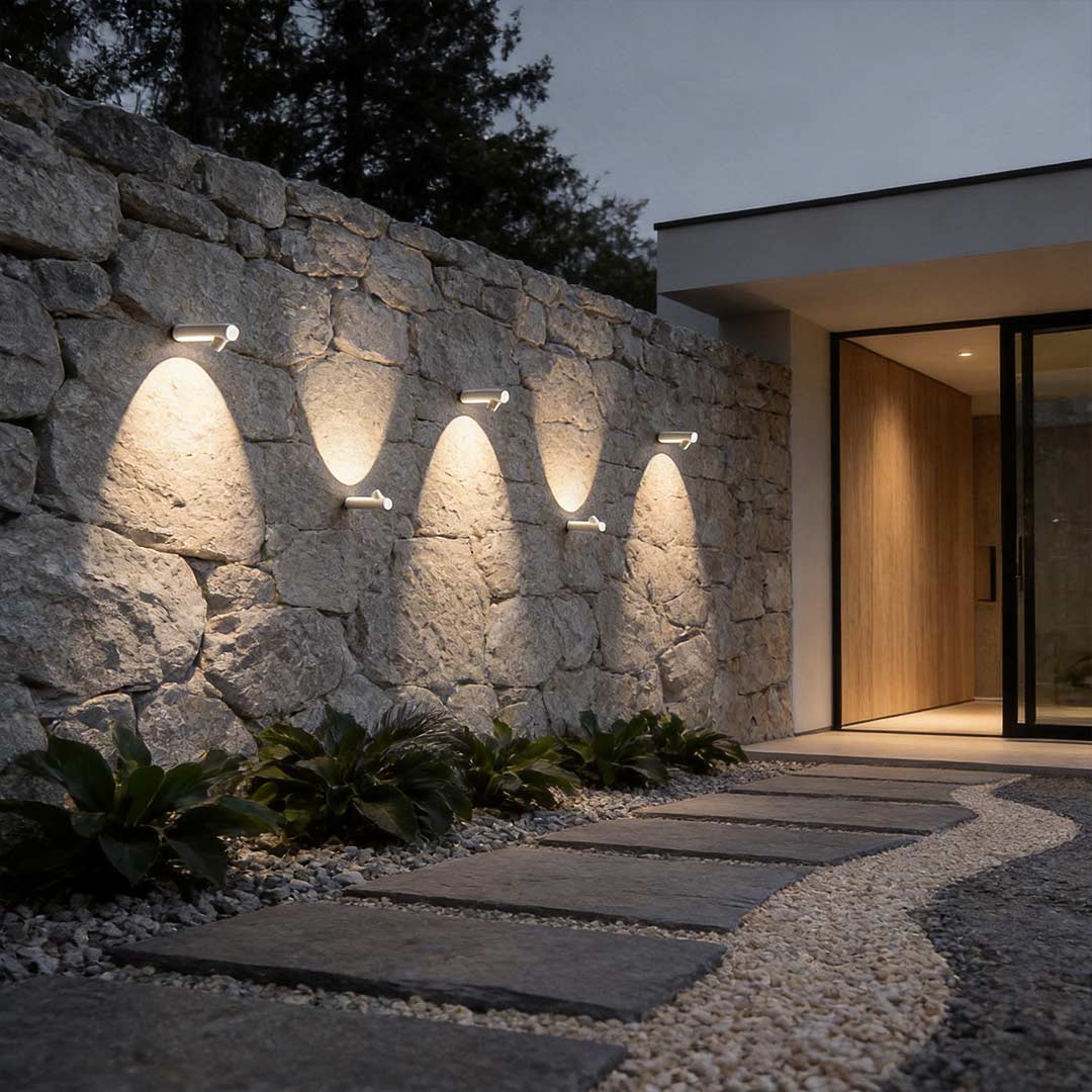 Outside wall spot lights enhancing a contemporary stone wall with elegant ambient light.