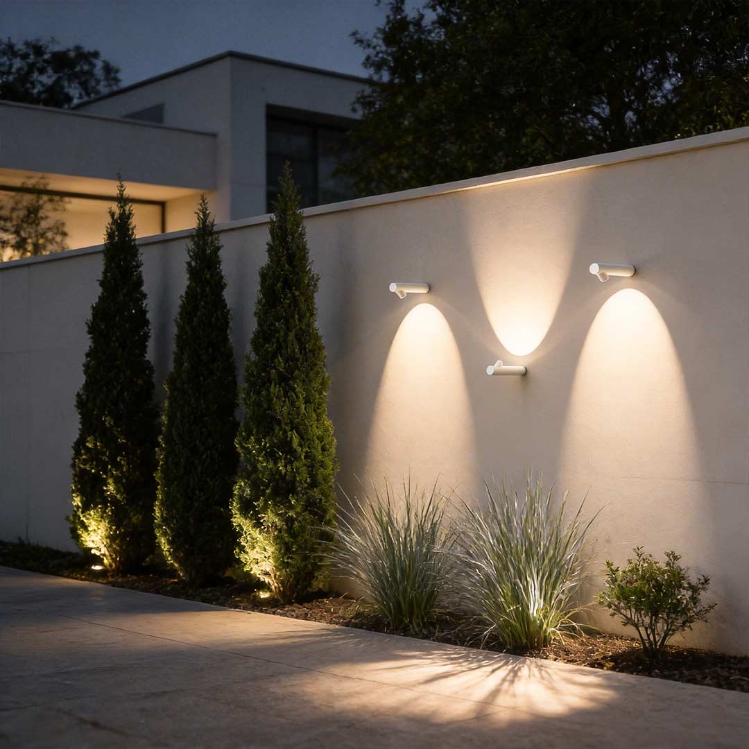 Outside wall spot lights illuminating a modern garden wall with warm directional glow.
