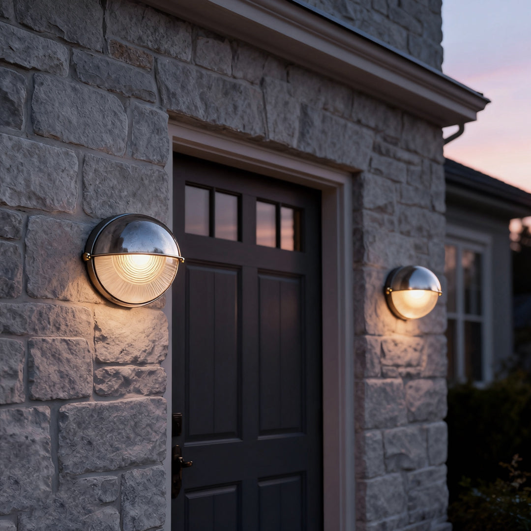 Oval bulkhead wall light installed beside a front door, casting warm ambient light on a stone exterior wall.
