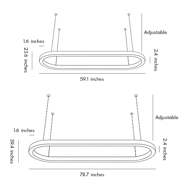 Dimension drawing of oval chandelier showing adjustable hanging height and size options.