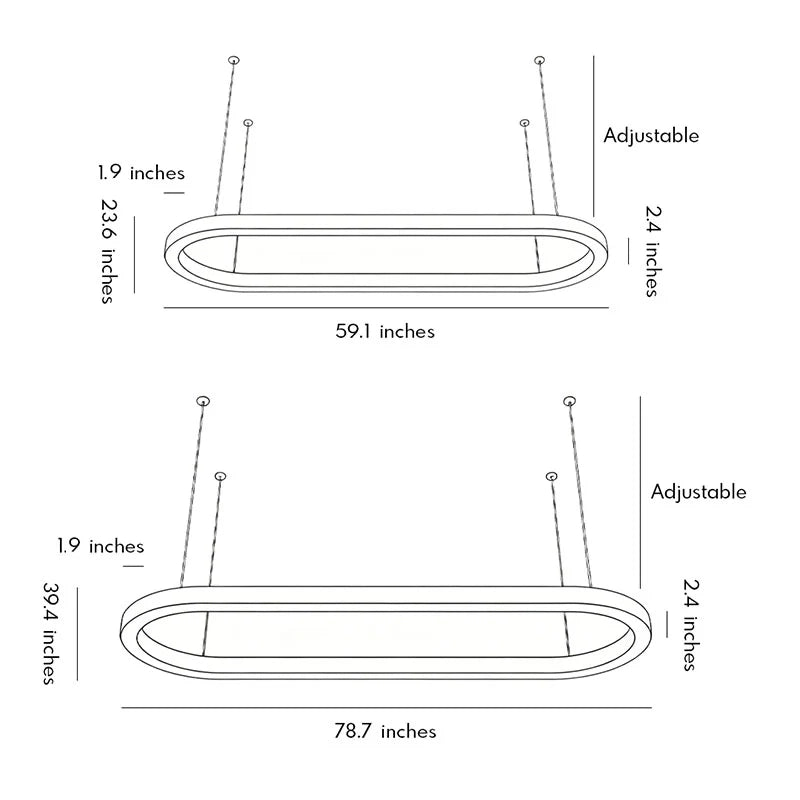 Oval chandelier dimension drawing showing two size options with adjustable suspension lengths and fixture measurements.