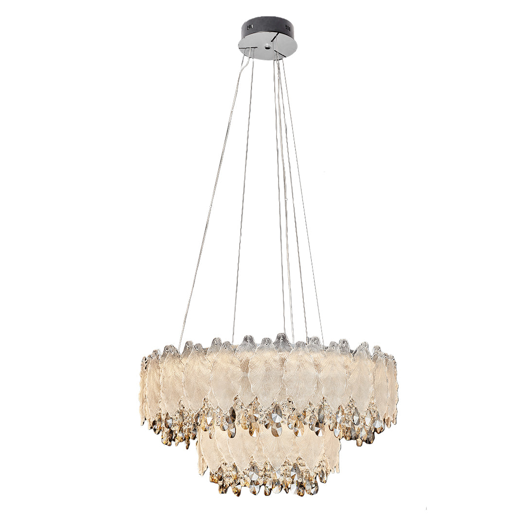 Oval country French chandelier with cascading champagne glass crystals and gold frame.