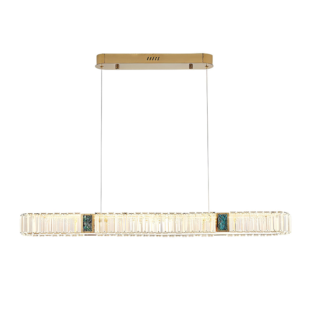Oval crystal chandelier with a modern design, enhancing a stylish dining area.