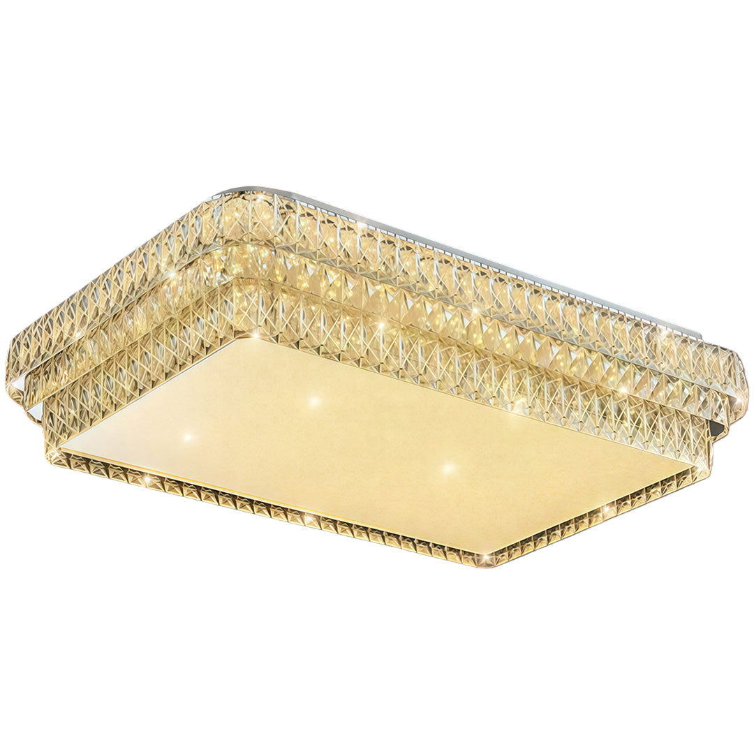 Oval flush mount modern lighting featuring glass shade chandelier design with crystal trim and soft ambient lighting capability.