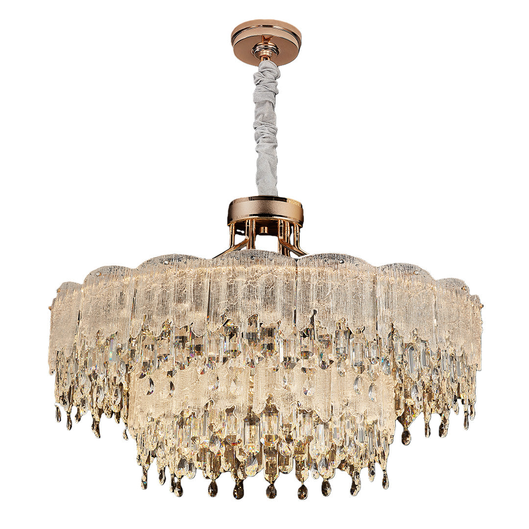 Gold oval glass fringe chandelier with delicate glass pieces and metal frame.