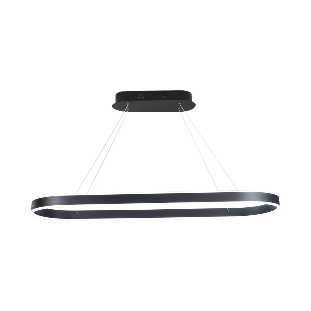 Black oval LED pendant light front view emphasizing thin linear lighting structure.