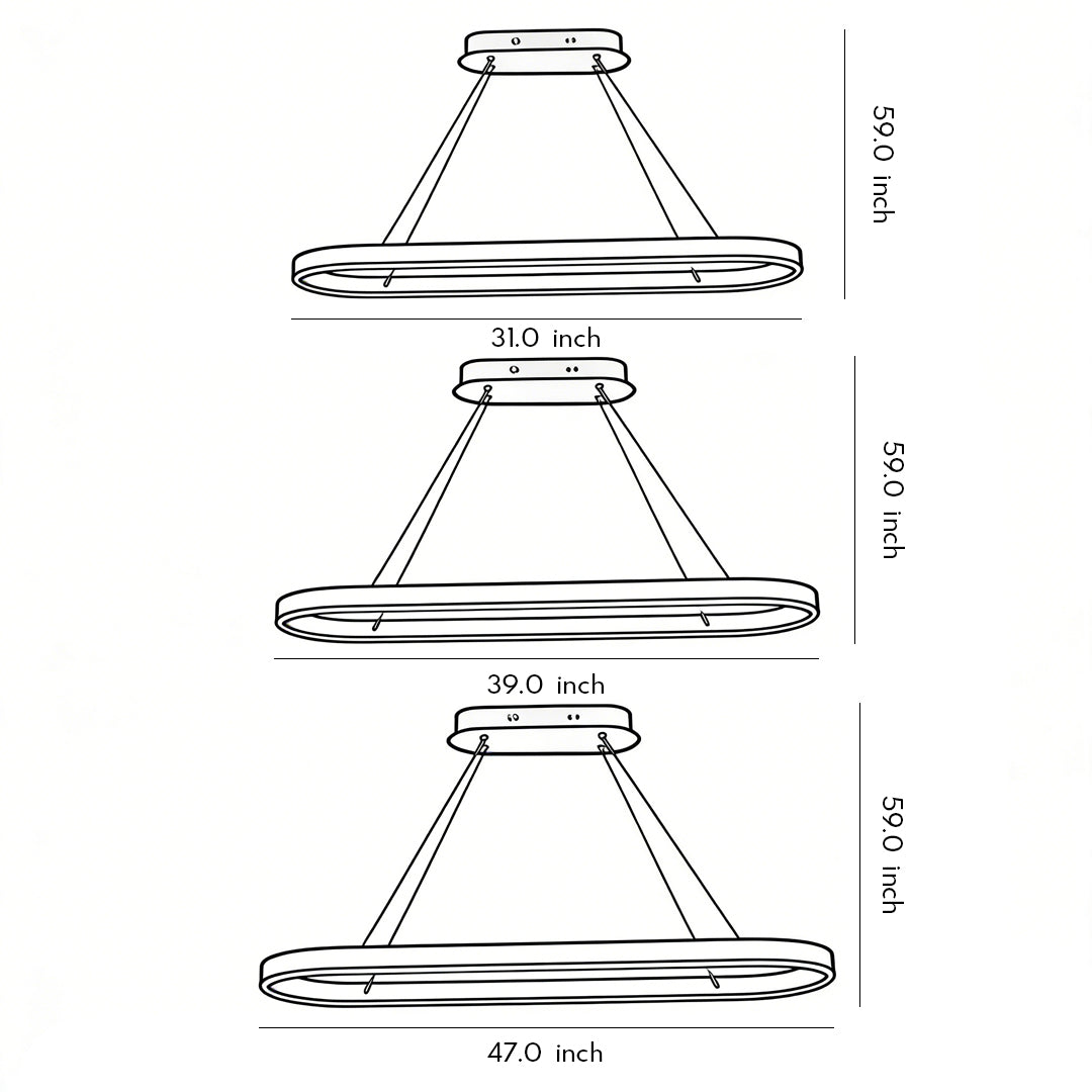 Technical line drawing of oval LED pendant light showing multiple size options.