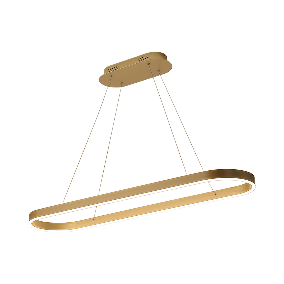 Gold oval LED pendant light angled view showing suspension height and proportions.