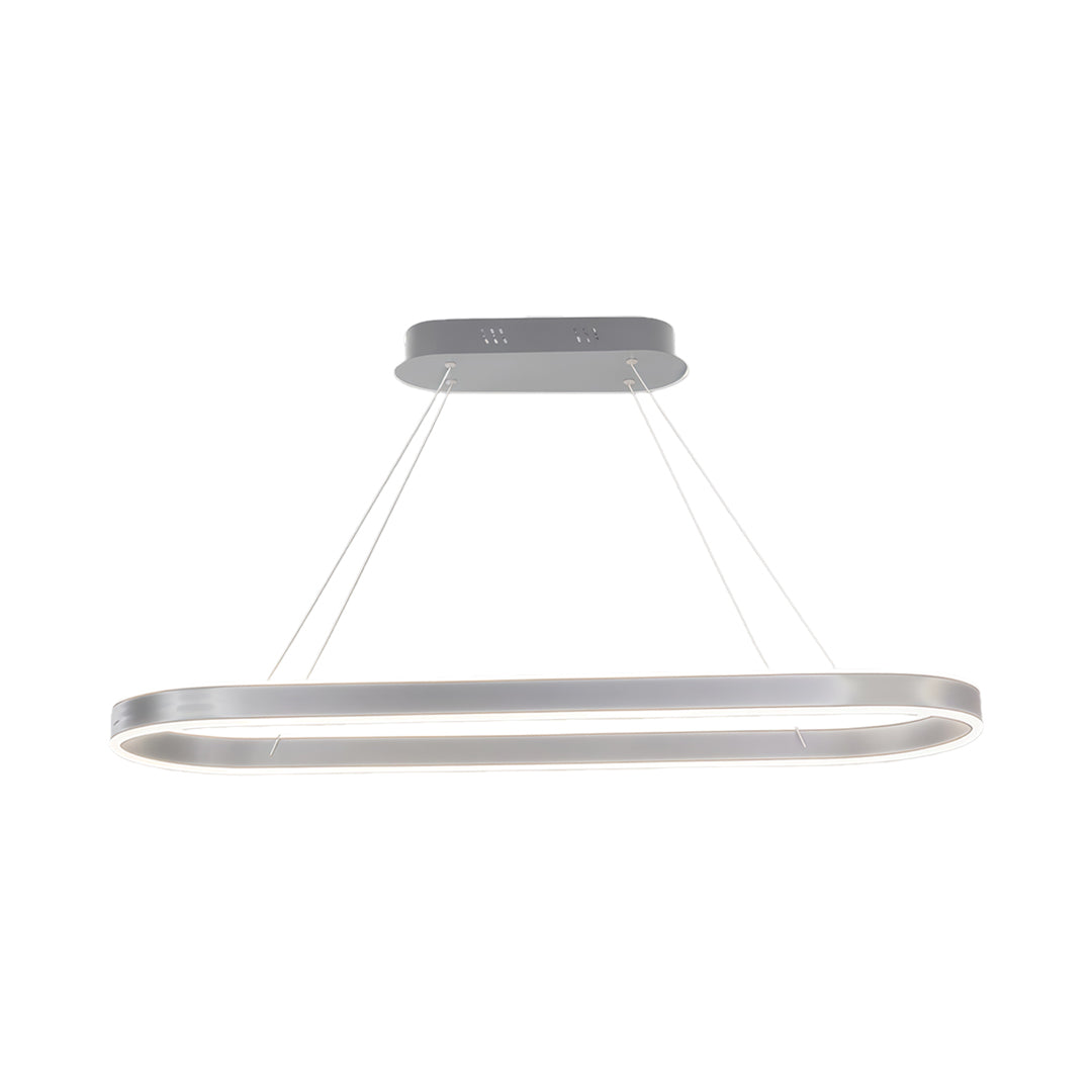 White oval LED pendant light front view with evenly diffused LED illumination.