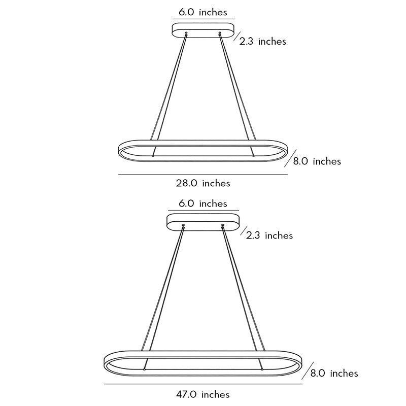 Oval linear pendant light dimension drawing with size measurements.