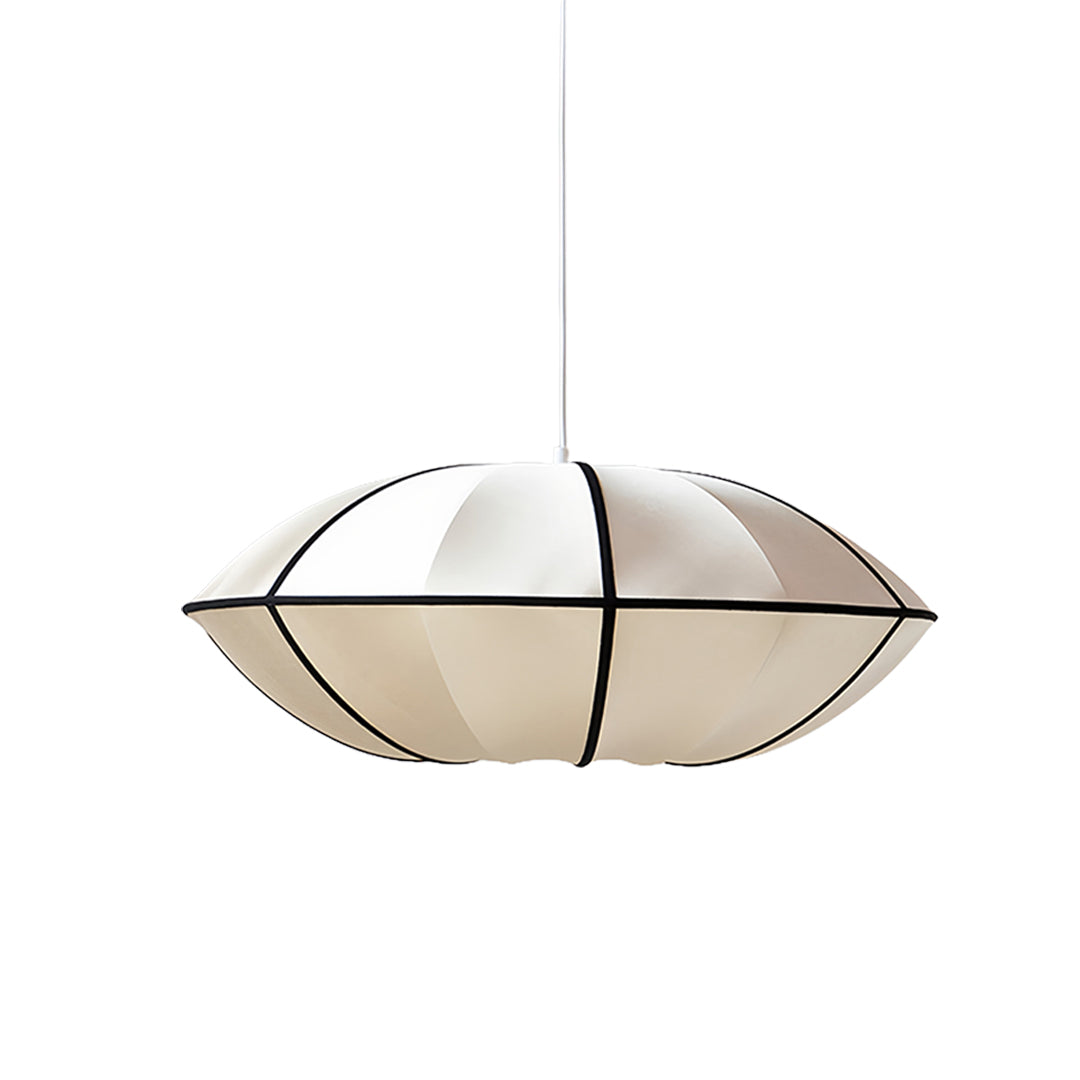 Oval fabric shade pendant light with natural linen finish and modern geometric framework