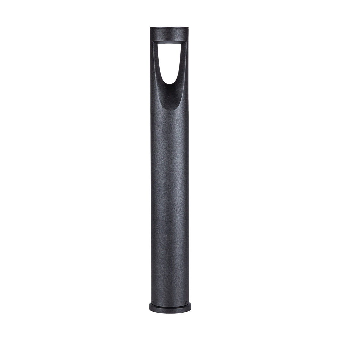 Contemporary black bollard light with elongated oval opening for focused pathway illumination