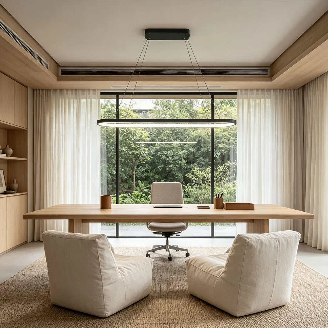 Oval pendant light installed above a home office desk, adding sleek linear illumination to a bright modern workspace.