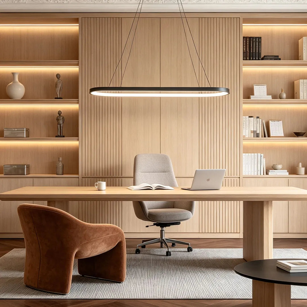 Oval pendant light suspended over a large desk in a wood-paneled office with built-in shelving.