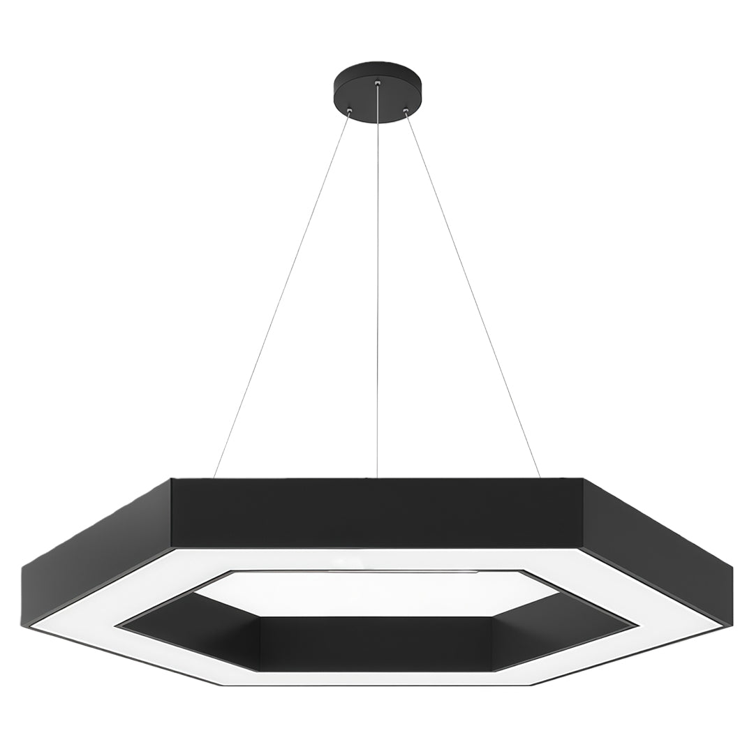Overhead view of a modern geometric chandelier, with a focus on its sleek black and white design.