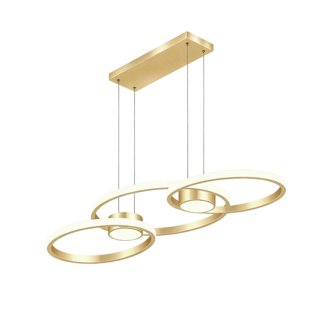 Luxurious gold chandelier lamp with three overlapping rings, sleek and modern ceiling light design