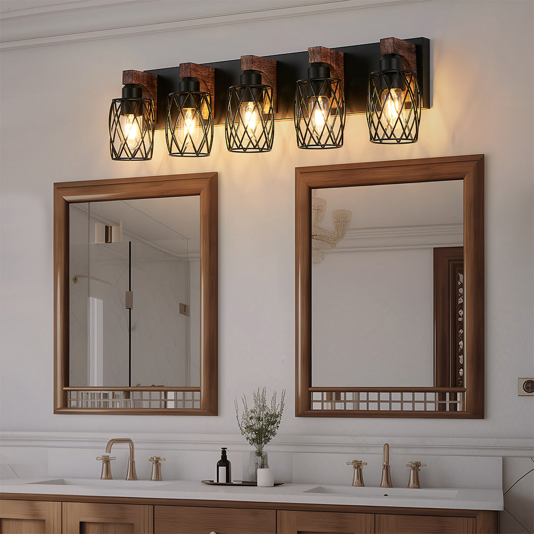 Black vanity bathroom light fixture with detailed packaging and installation instructions.