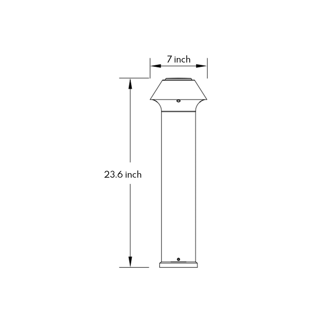 Technical drawing with dimensional specifications for pagoda-style bollard light with tiered cap design