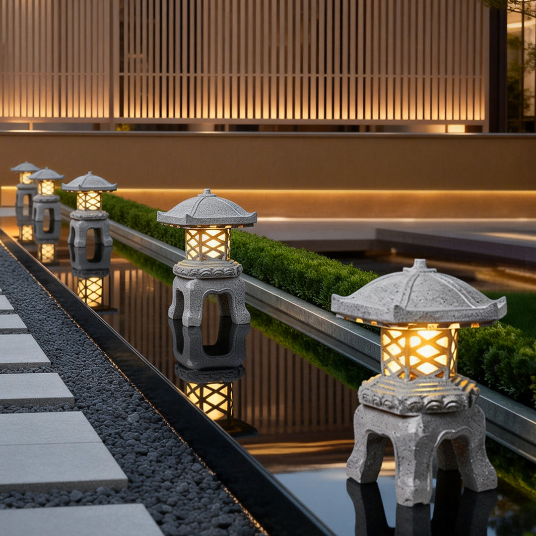 Pagoda garden lights enhancing a modern outdoor space with a warm ambiance.
