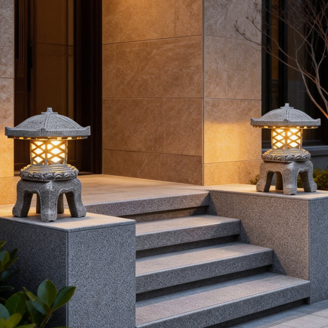 Pagoda garden lights providing warm light at the entrance of a modern house.