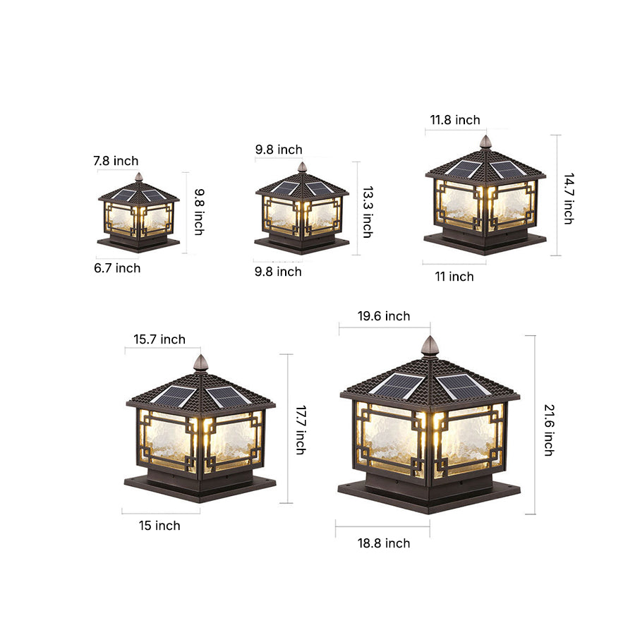 Pagoda-style outdoor garden pillar light with traditional Asian architectural design and technical specification diagram