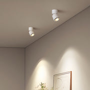 Pair of adjustable spotlights mounted on beige ceiling corner creating focused wall illumination