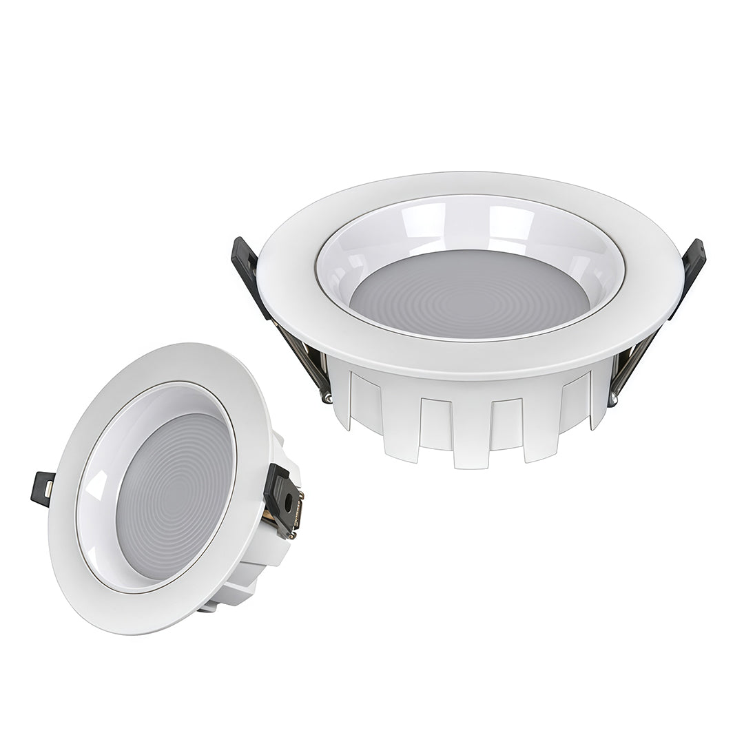 Pair of LED recessed downlights with spring clip mounting system displayed in various angles
