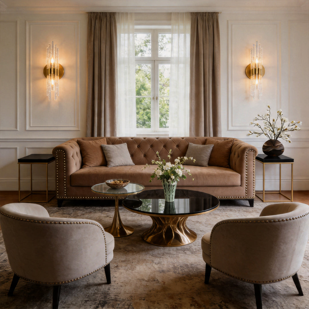 Pair of modern crystal wall lights flanking a window in a sophisticated formal living room ok